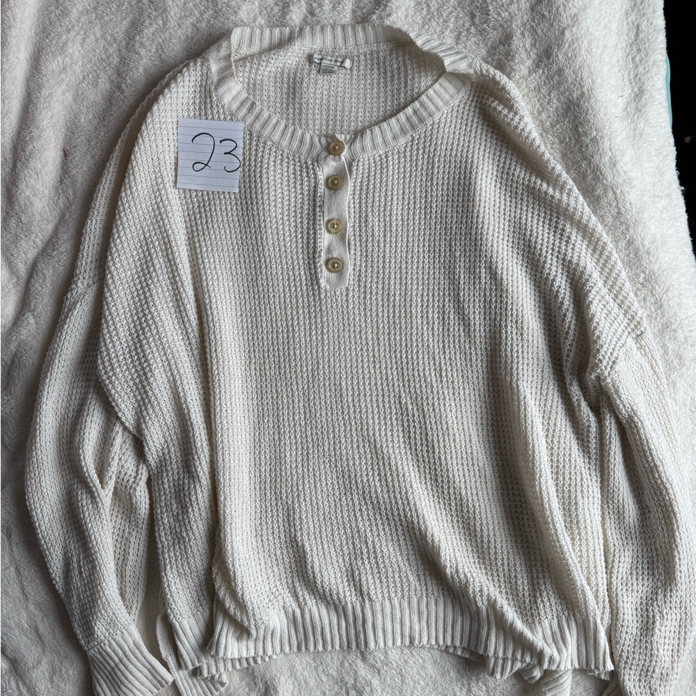 American Eagle Outfitters Cream Henley Scoop Neck Sweater